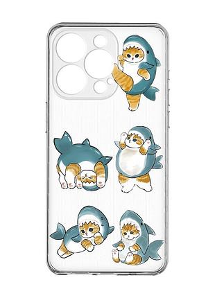 Прозрачный чехол с защитой камеры на iphone 15 pro max :: котенки акулы (принт 381)