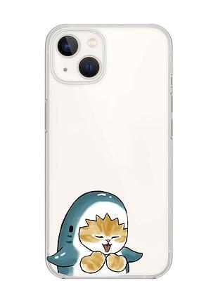Прозрачный чехол с защитой камеры на iphone 14 plus :: котёнок акула (принт 376)