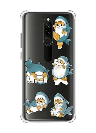 Чехол с утолщенными углами на xiaomi redmi 8 :: котенки акулы (принт 381)