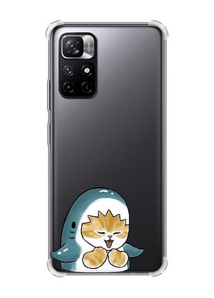 Чохол з потовщеними кутами на xiaomi redmi note 11 5g :: котик акула (принт 376)