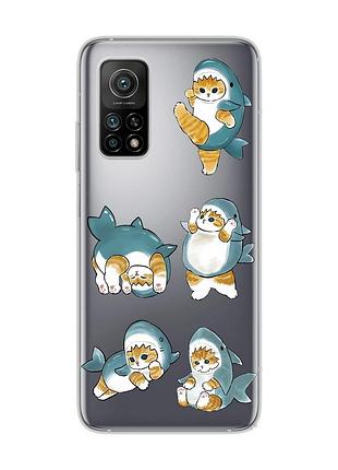 Прозрачный чехол на xiaomi mi 10t/mi 10t pro :: котенки акулы (принт 381)
