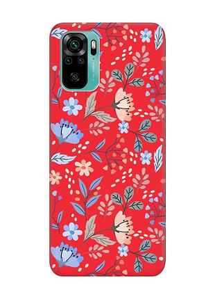 Матовый красный чехол на xiaomi redmi note 10 / note 10s :: цветочный фон (принт 371)
