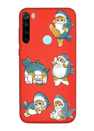 Матовый красный чехол на xiaomi redmi note 8t :: котенки акулы (принт 381)