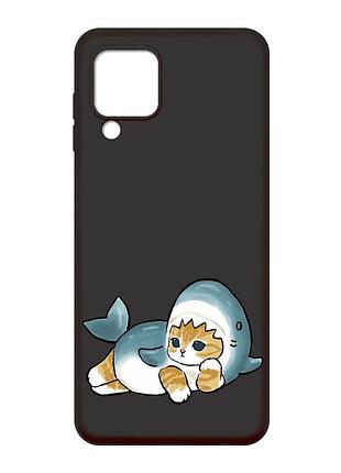 Матовый черный чехол на samsung galaxy m32 / a22 / m22 4g :: котенок акула (принт 355)