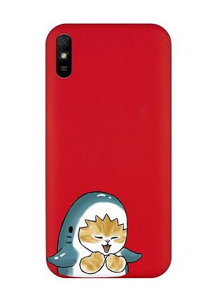 Матовый красный чехол на xiaomi redmi 9a :: котёнок акула (принт 376)