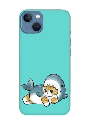 Матовий бірюзовий чохол на apple iphone 13 :: котик акула (принт 355)