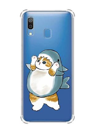 Чехол с утолщёнными углами на samsung galaxy a30 (2019) / a20 (2019) :: котенок акула (принт 379)