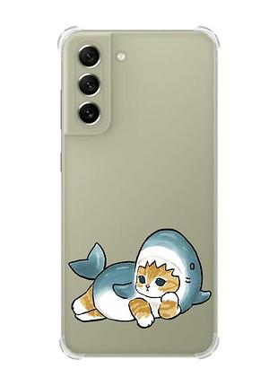 Чехол с утолщёнными углами для samsung s21 fe :: котенок акула (принт 355)