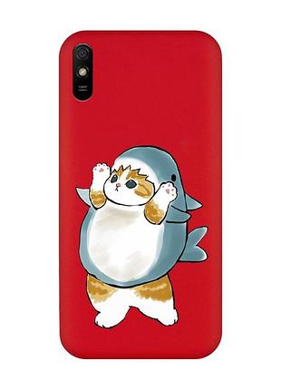 Матовый красный чехол на xiaomi redmi 9a :: котенок акула (принт 379)