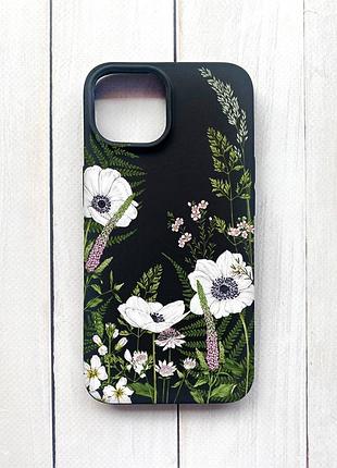 Матовий чохол на iphone 15 чорний :: квіти польові (принт 363)