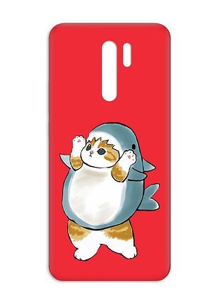 Матовый красный чехол на xiaomi redmi 9 :: котенок акула (принт 379)