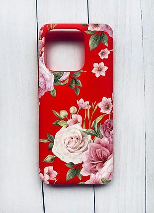 Матовий чохол на xiaomi redmi 12c червоний :: рожеві квіти (принт 287)