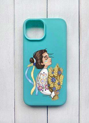 Матовый чехол на iphone 15 бирюзовый :: украинка с колосками (принт 172)