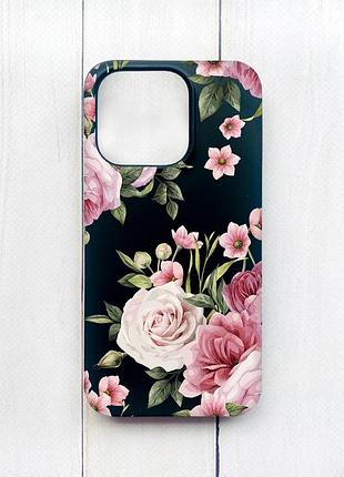 Матовый чехол на iphone 15 pro черный :: розовые цветы (принт 287)