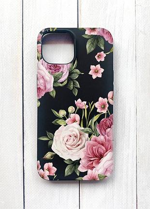 Матовий чохол на iphone 15 чорний :: рожеві квіти (принт 287)