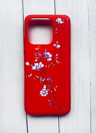 Матовий чохол на xiaomi redmi 12c червоний :: гілочка квітів (принт 278)