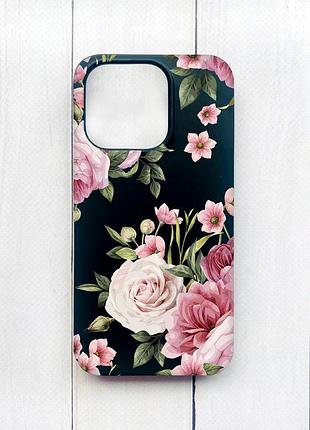 Матовый чехол на iphone 15 plus черный :: розовые цветы (принт 287)