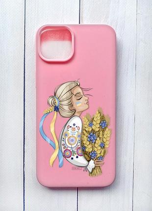 Матовый чехол на iphone 15 plus розовый :: украинка с колосками (принт 173)