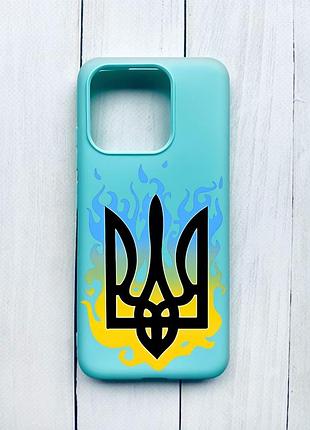 Матовый чехол на xiaomi redmi 12c бирюзовый :: тризуб пламя (принт 257)