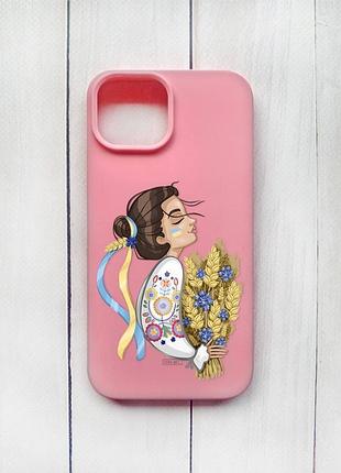Матовий чохол на iphone 15 рожевий :: українка з колосками (принт 172)