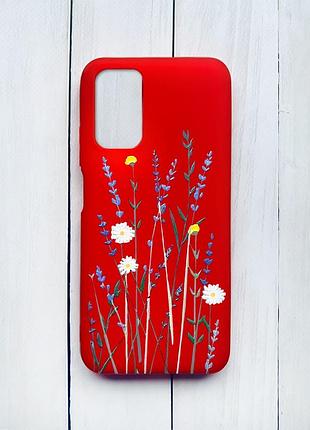 Матовый чехол на xiaomi redmi 9t красный :: полевые цветы (принт 270)