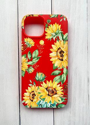 Матовый чехол на iphone 15 красный :: подсолнухи (принт 288)