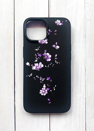 Матовый чехол на iphone 15 черный :: веточка цветов (принт 278)