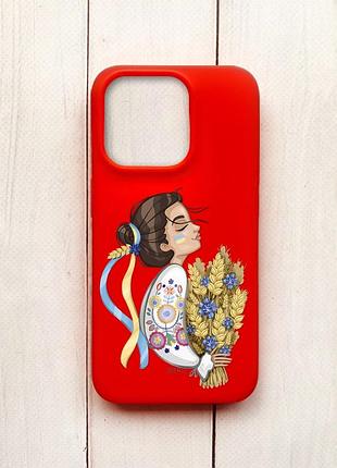 Матовый чехол на iphone 15 pro красный :: украинка с колосками (принт 172)