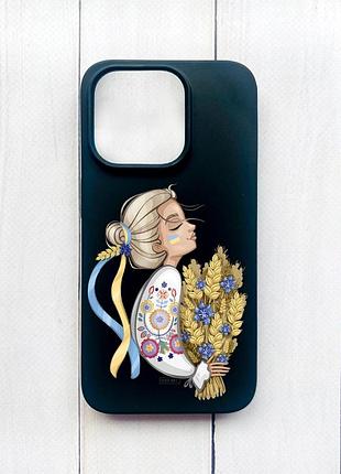 Матовый чехол на iphone 15 plus черный :: украинка с колосками (принт 173)