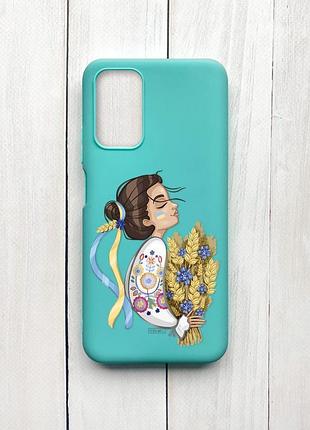 Матовый чехол на xiaomi redmi 9t бирюзовый :: украинка с колосками (принт 172)