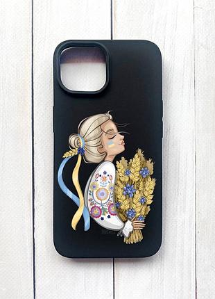 Матовий чохол на iphone 15 чорний :: українка з колосками (принт 173)