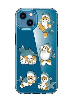 Прозрачный чехол для iphone 13 mini :: котенки акулы (принт 381)