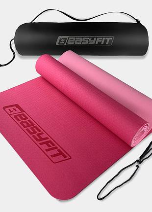 Коврик для йоги и фитнеса easyfit tpe+tc 6мм двухслойный + чехол розовый с св.рожевым