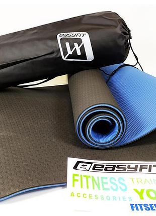 Килимок для йоги та фітнеса easyfit tpe+tc 6мм двошаровий + чохол чорний з синім