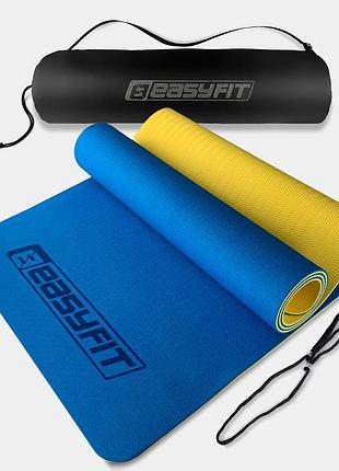 Коврик для йоги и фитнеса easyfit tpe+tc 6 мм двухслойный + чехол синий-желтый