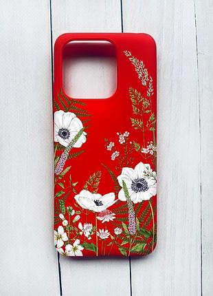 Матовий чохол на xiaomi redmi 12c червоний квіти польові (принт 363)