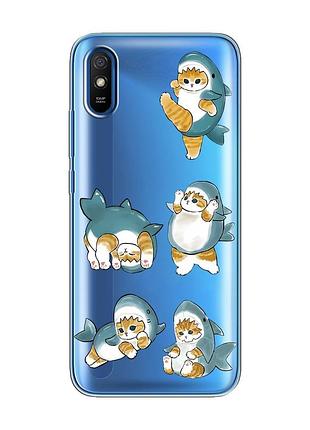 Прозорий чохол на xiaomi redmi 9a :: котики акули (принт 381)
