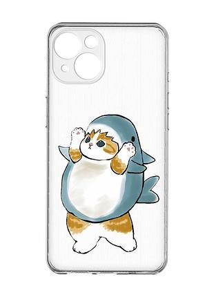 Прозрачный чехол с защитой камер на iphone 15 :: котенок акула (принт 379)