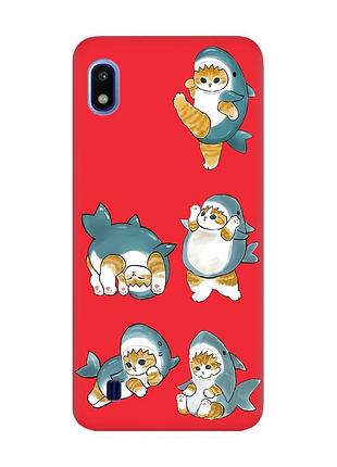 Матовый красный чехол на samsung galaxy а10 (2019) а105 :: котенки акулы (принт 381)