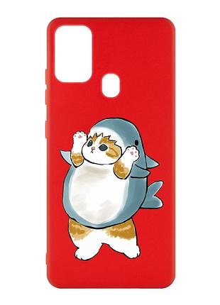 Матовый красный чехол на samsung galaxy m30s/m21 :: котенок акула (принт 379)