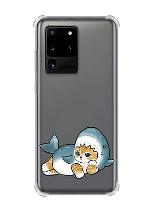 Чехол с утолщёнными углами для samsung galaxy s20 ultra :: котенок акула (принт 355)