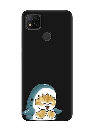 Матовый черный чехол на xiaomi redmi 9c/10a :: котёнок акула (принт 376)