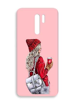 Матовый розовый чехол на xiaomi redmi 9 :: девушка с рюкзаком (принт 9)