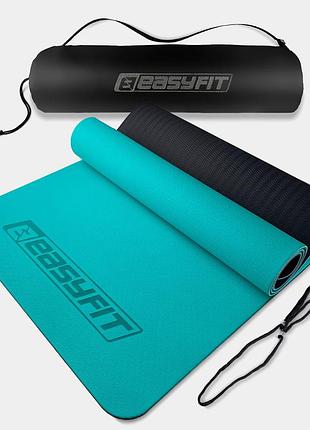 Коврик для йоги и фитнеса easyfit tpe+tc 6 мм двухслойный + чехол мятный-черный
