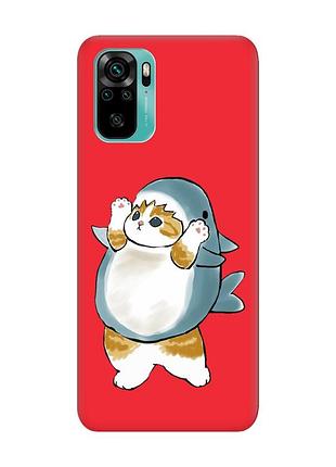 Матовый красный чехол на xiaomi redmi note 10 / note 10s :: котенок акула (принт 379)