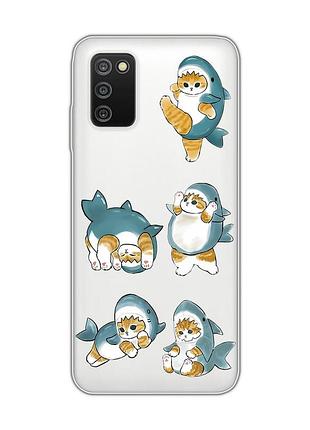 Прозрачный чехол на samsung galaxy a03s :: котенки акулы (принт 381)