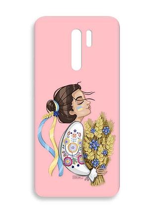 Матовый розовый чехол на xiaomi redmi 9 :: украинка с колосками (патриотический принт 172)