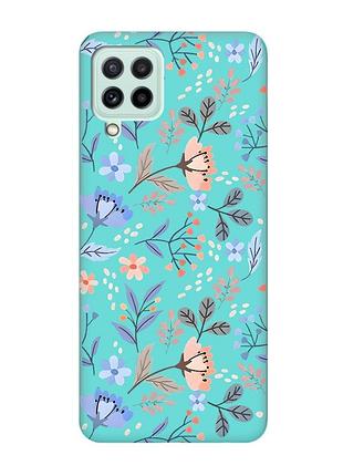 Матовый бирюзовый чехол на samsung galaxy m32/m22/a22 4g :: цветочный фон (принт 371)