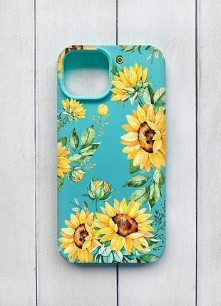 Матовый чехол на iphone 15 бирюзовый :: подсолнухи (принт 288)