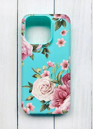 Матовий чохол на iphone 15 pro бірюзовий :: рожеві квіти (принт 287)